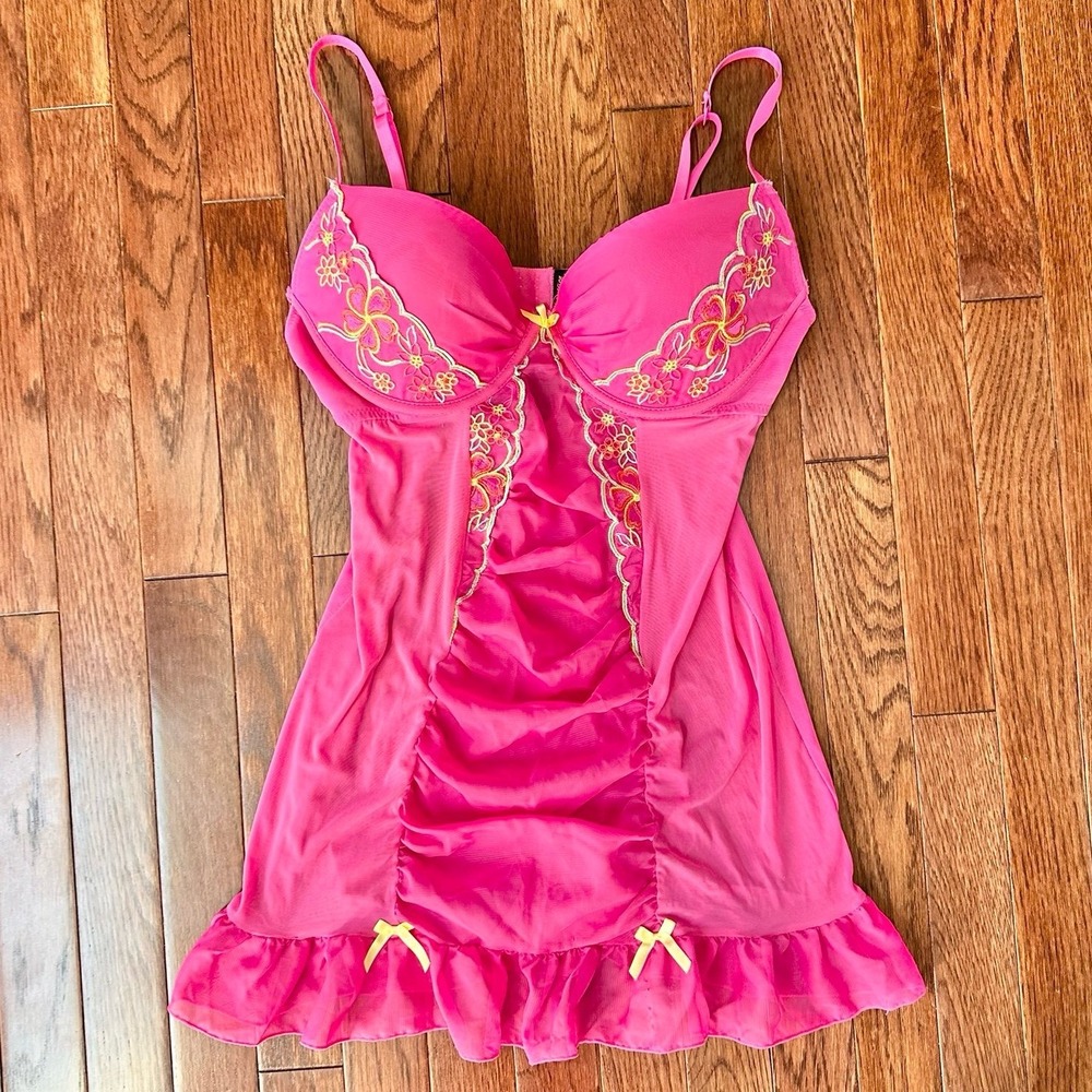 Vintage Passion Forever Pink Ruched Yellow Bow Coquette Pattern Lingerie Dress